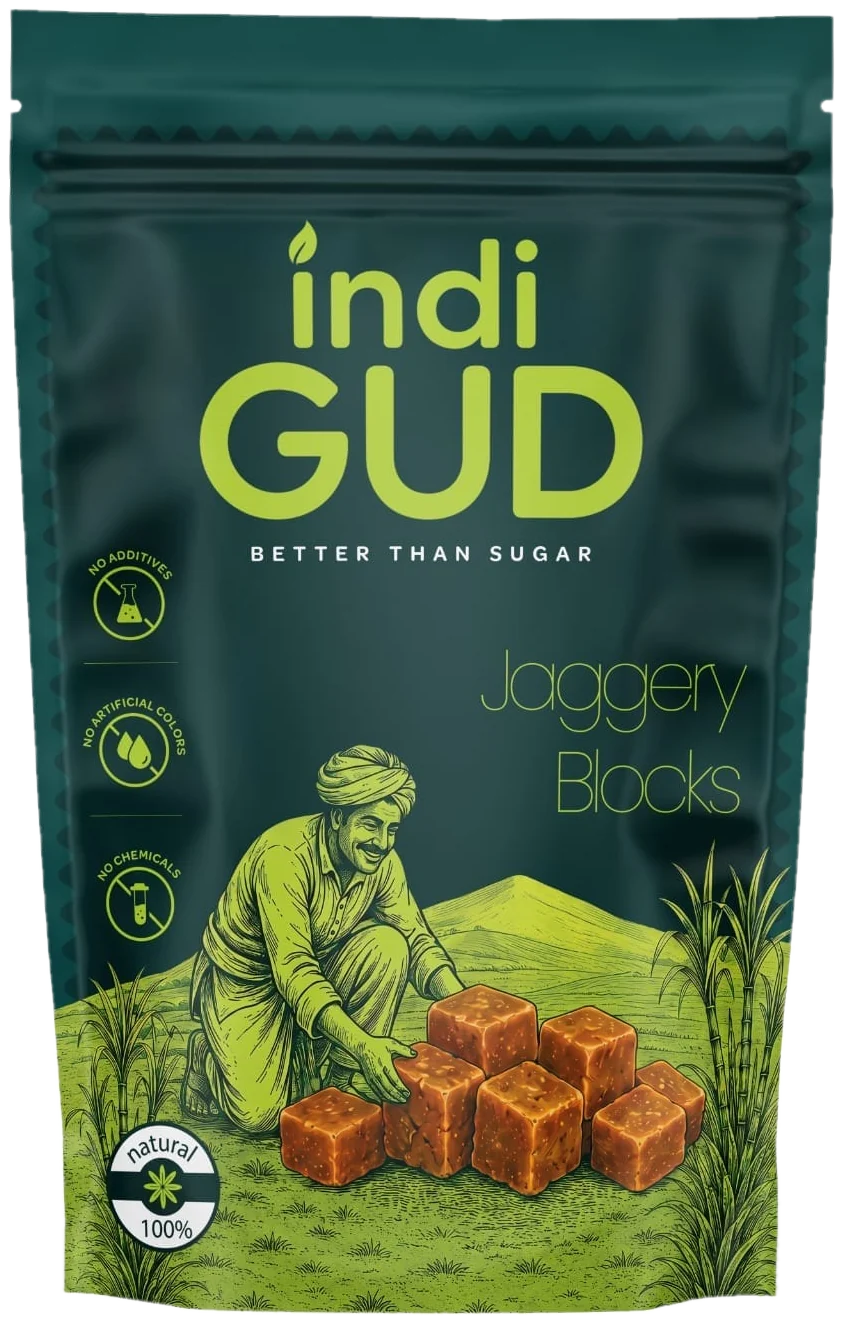 indiGUD jaggery blocks (desi gud) stored for everyday use
