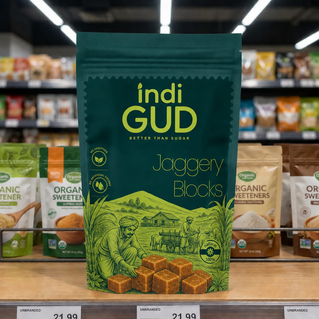 indiGUD sulphur-free Jaggery Blocks (desi gud) 800 g pouch